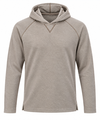 Johnnie-O Cotton Knit Hoodie Big & Tall by Johnnie-O, featuring a light brown color, long sleeves, hood, front v-stitch detail, and moisture-wicking fabric, displayed on a plain white background.