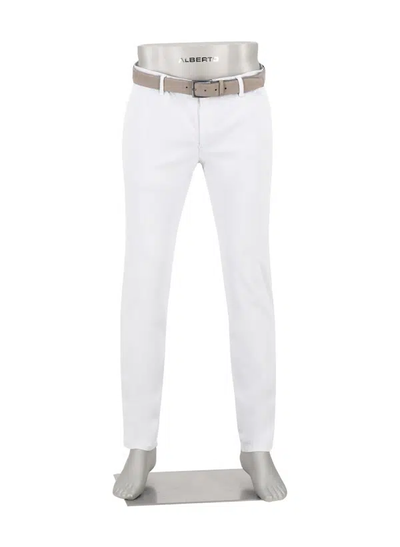 The Alberto Pipe 1582 Color Denim Big & Tall trousers by Alberto, shown with a beige belt on a silver mannequin torso and legs.