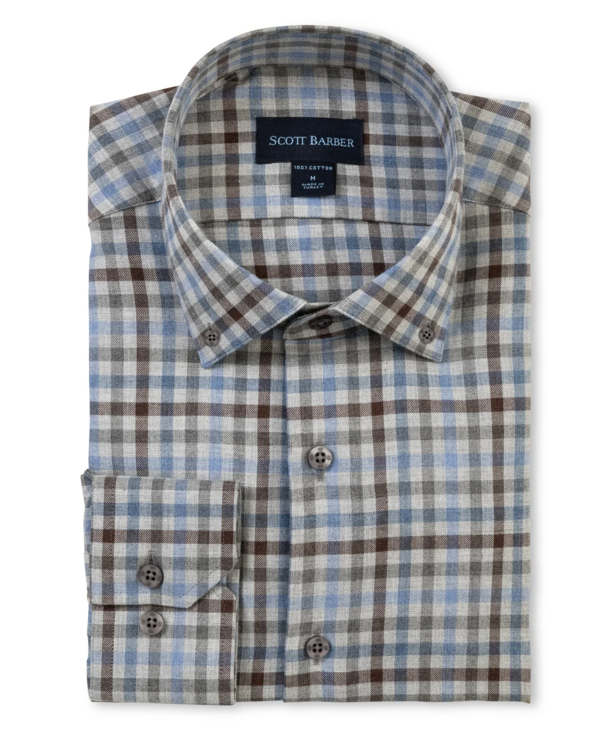 A neatly folded Scott Barber Gingham Shirt 77112-02 in men's regular fit with a blue, brown, and white plaid pattern and a visible Scott Barber label inside the collar.