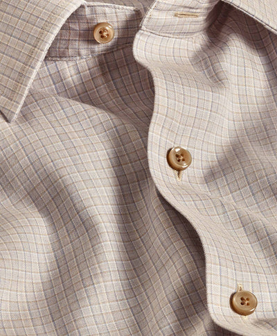 Close-up of the David Donahue Mini Plaid Shirt CBSM11826, crafted in soft beige cotton with brown buttons and a classic collar for timeless style.