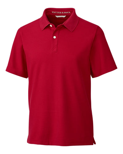 The Cutter & Buck Breakthrough Polo Big & Tall is a plain red short-sleeve polo with a collar and two buttons, shown on a white background. The Cutter & Buck brand appears in the collar. Moisture-wicking fabric ensures all-day comfort.