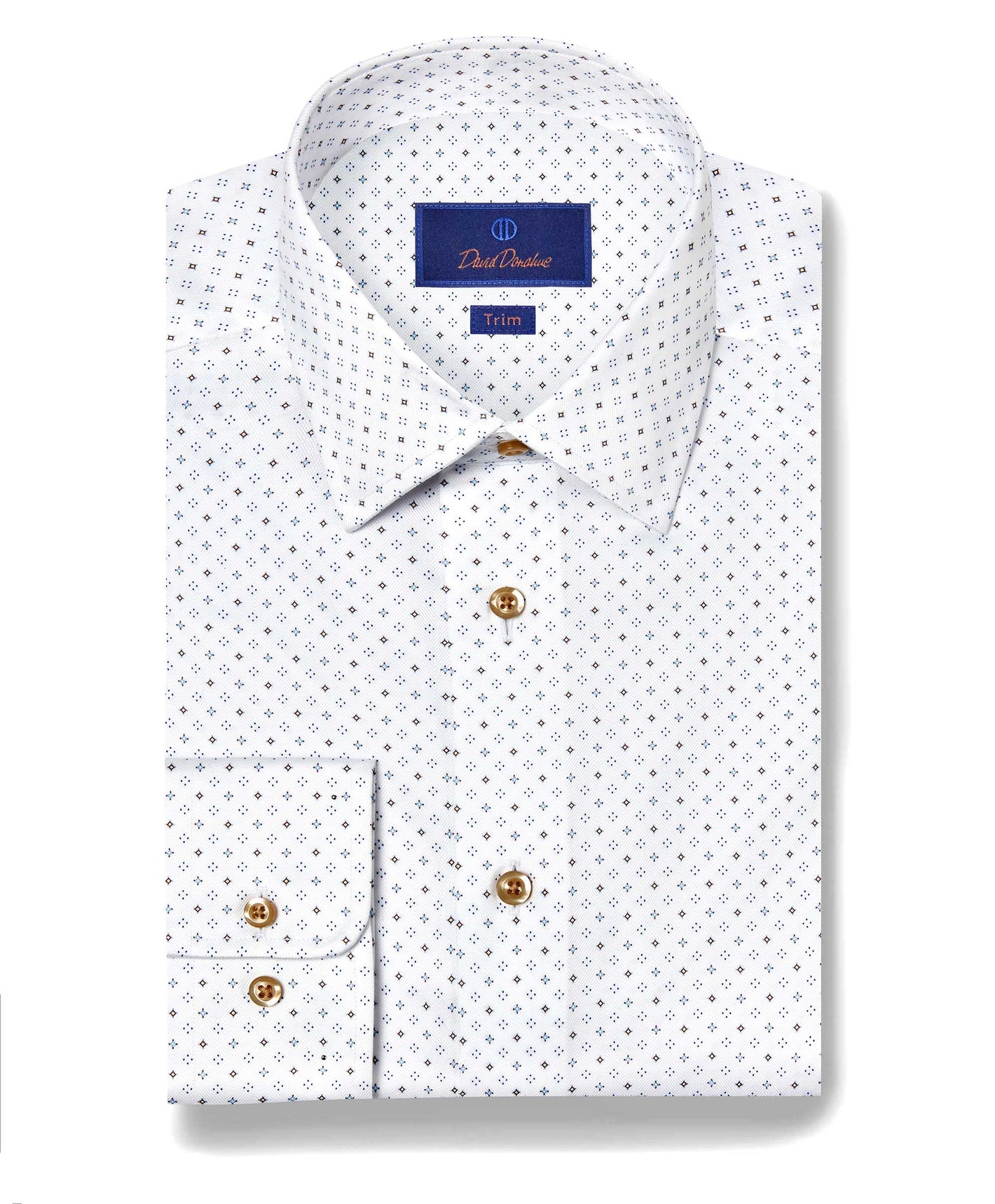 The David Donahue Neat Diamond Dress Shirt TBSP11202 features white Pima cotton with a small blue geometric pattern, brown buttons, and a visible trim fit label inside the collar.