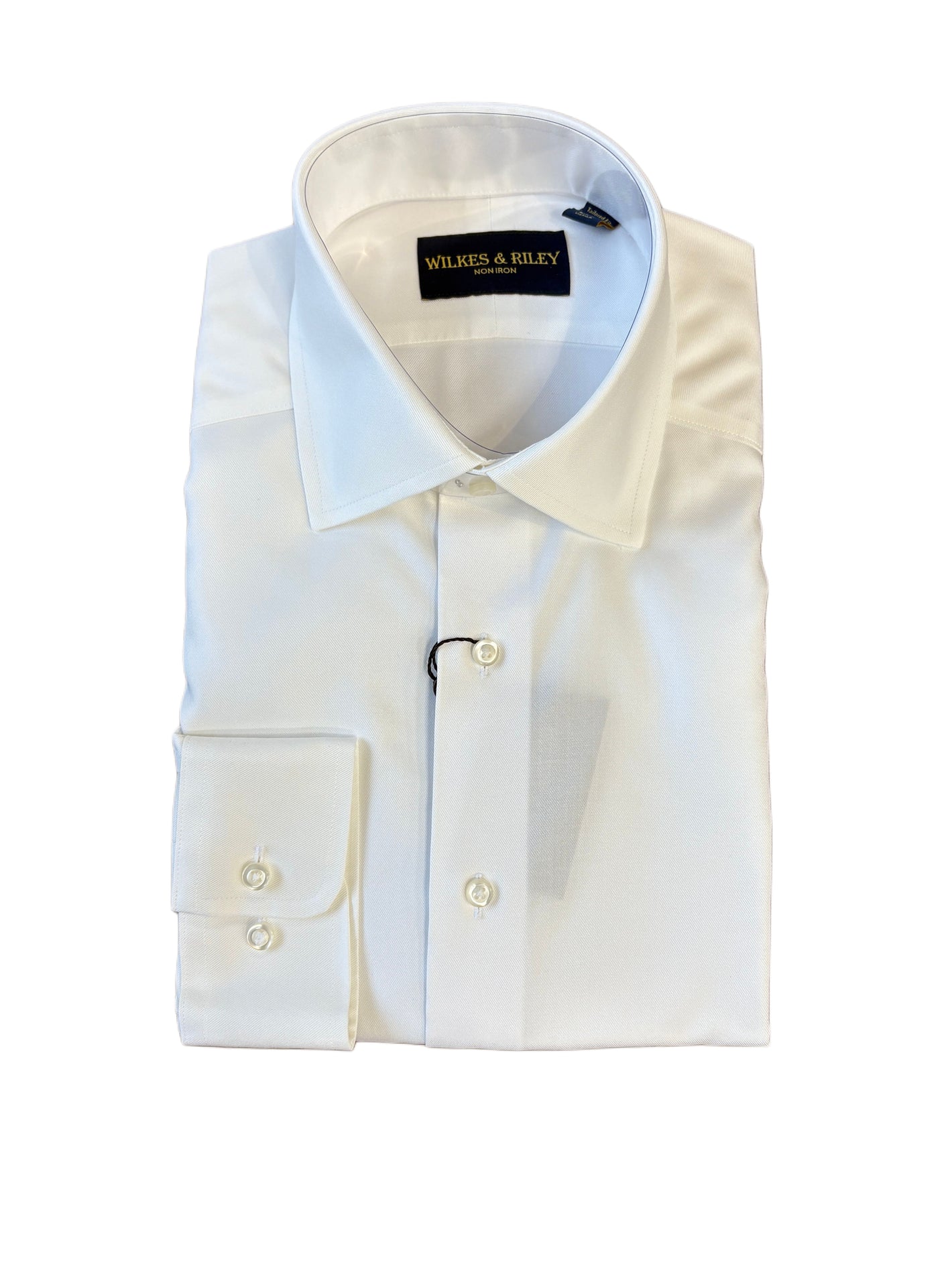 A folded Wilkes & Riley Ivory Spread Clr Shirt B1633, featuring a spread collar and buttoned cuffs, is displayed on a white background.