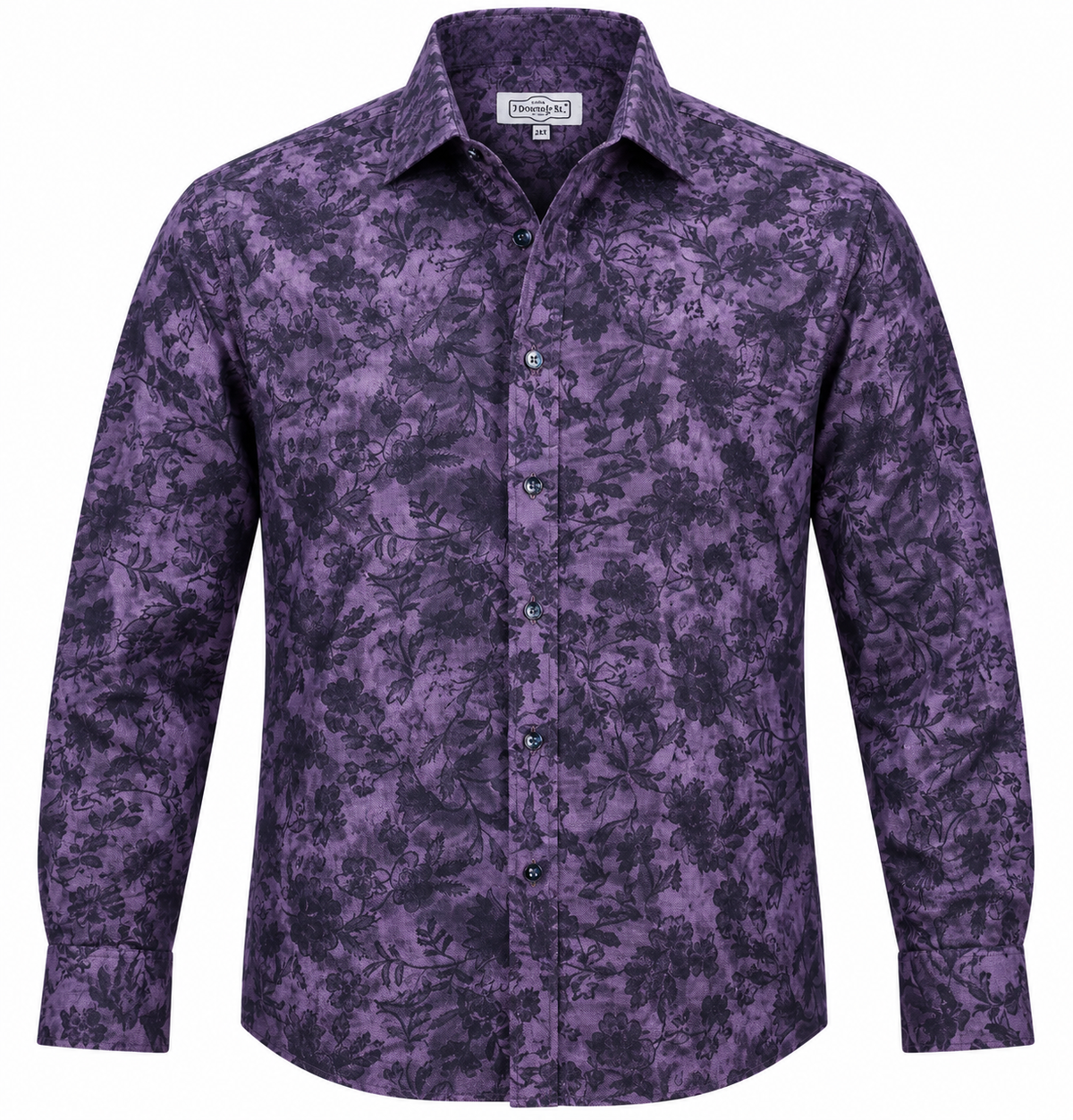 7 Downie St. Floral Long Sleeve Sport Shirt Big & Tall in purple with a dark floral pattern, classic collar, and standard cuffs, shown untucked on a white background.