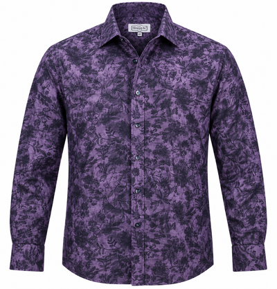 7 Downie St. Floral Long Sleeve Sport Shirt Big & Tall in purple with a dark floral pattern, classic collar, and standard cuffs, shown untucked on a white background.