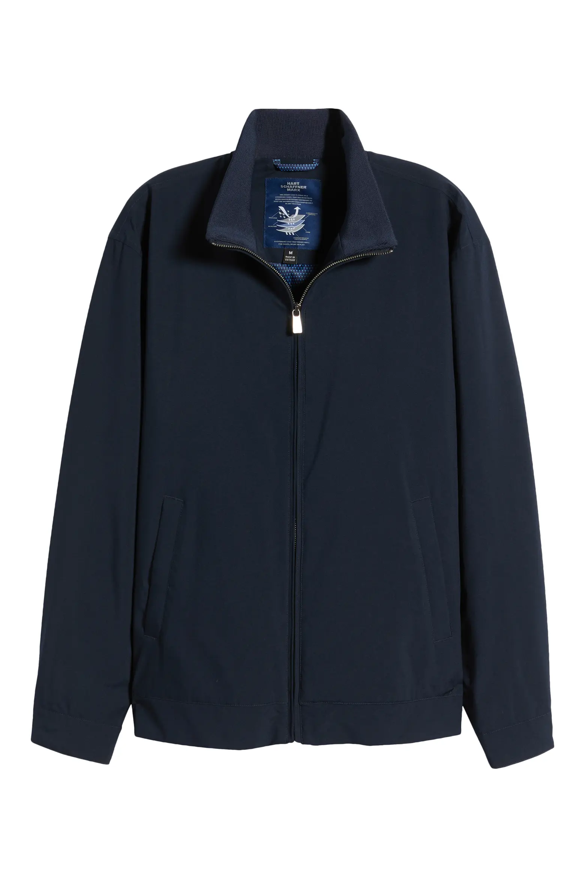 Navy blue Hart Schaffner Marx Ryan Waterproof Jacket Big & Tall featuring a zip-up front, stand collar, side pockets, and a lightweight construction.