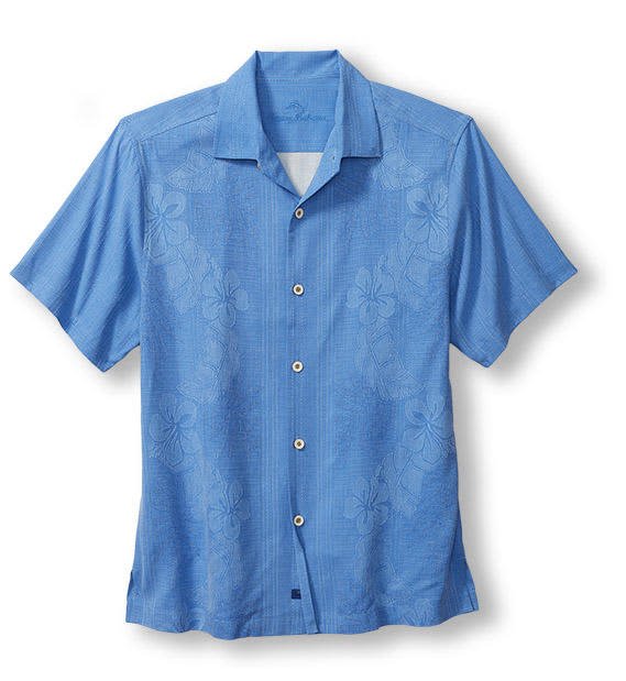 The Tommy Bahama Bali Border Big & Tall is a short-sleeved, button-up blue shirt with subtle floral patterns and a spread collar, crafted from breathable Cotton Lawn and proudly made in Hawai'i. Brand: Tommy Bahama. Displayed against a white background.