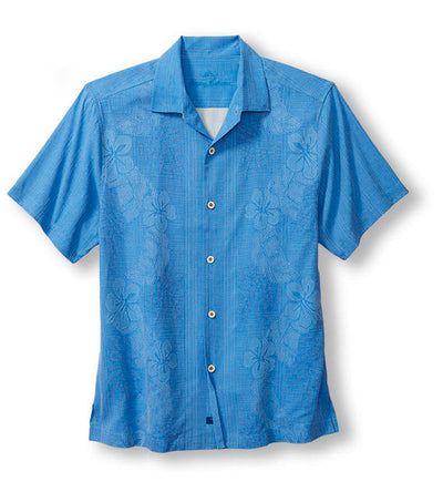 The Tommy Bahama Bali Border Big & Tall is a short-sleeve blue Hawaiian shirt with a subtle floral pattern, white buttons, and a cutaway collar, crafted from soft Cotton Lawn and shown against a white background.