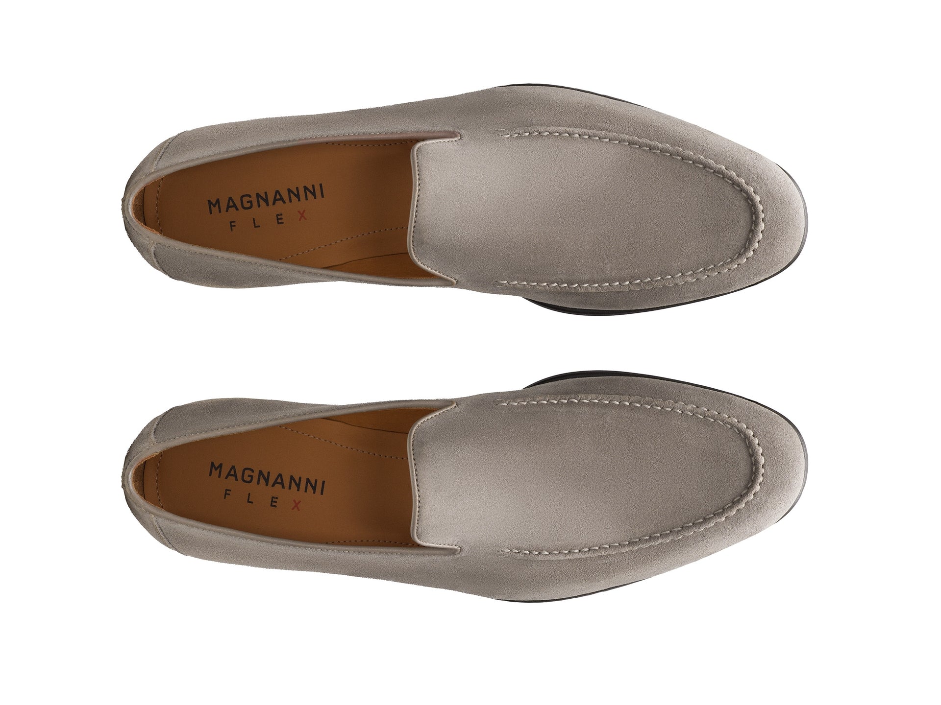 A pair of Magnanni Lecera II Suede Loafers in light gray, seen from above against a white background.