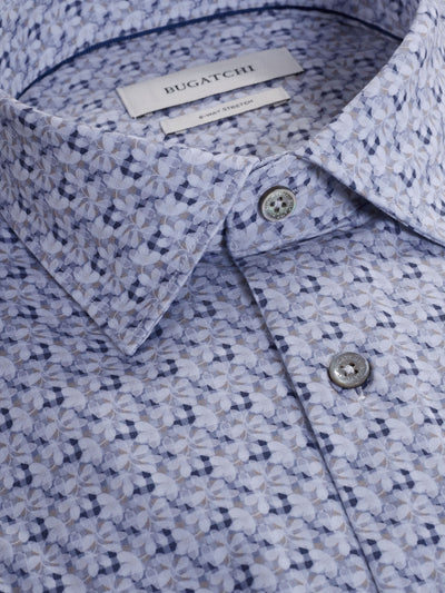 Close-up of the Bugatchi James Floral Check Sport Shirt HF9051K60, showcasing its blue and white floral geometric pattern, branded collar label, and buttons. This wrinkle-resistant shirt combines signature Bugatchi style with comfort.