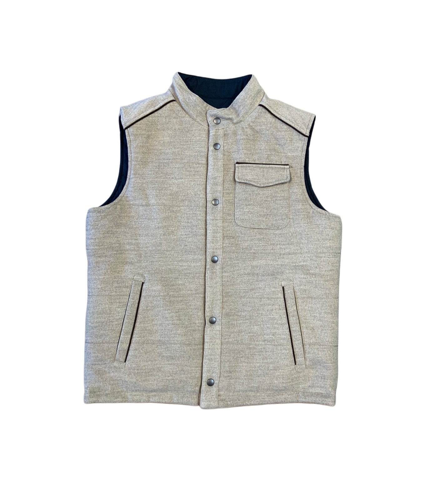 The Enzo Rex Reversible Vest by Enzo features a beige design with front snap buttons, two side pockets, and one chest pocket—ideal for layering in fall. Displayed on a white background.