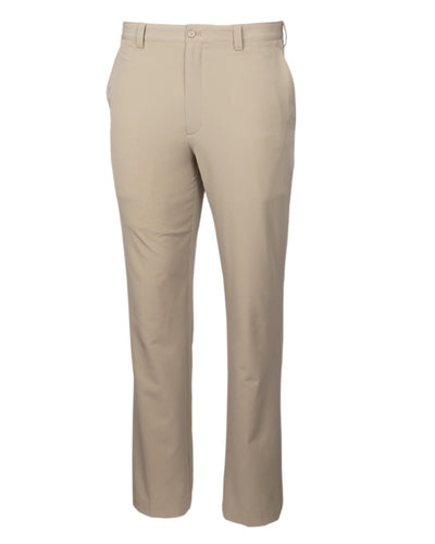 Cutter & Buck Bainbridge Pants Big & Tall in beige feature a flat front, belt loops, button and zip closure, DryTec fabric for comfort, and side pockets. Displayed on a white background.