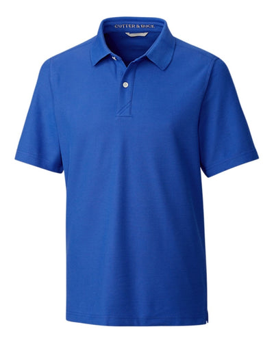 The Cutter & Buck Breakthrough Polo Big & Tall is a plain blue short-sleeve collared shirt with two buttons and UPF 50+ protection, shown on a white background.