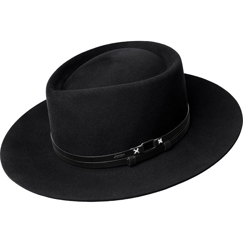The Bailey Lang Hat by Baileys is a black luxury wool fedora with a wide brim, featuring a black band adorned with small silver accents.