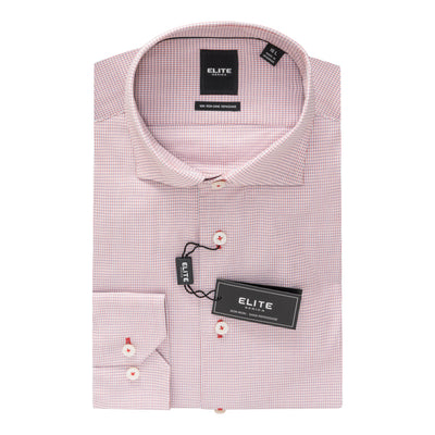The Elite Dress Shirt E-2562005 is a folded pink and white checkered 100% cotton shirt with red buttons, featuring Elite brand tags and labels, displayed on a white background.