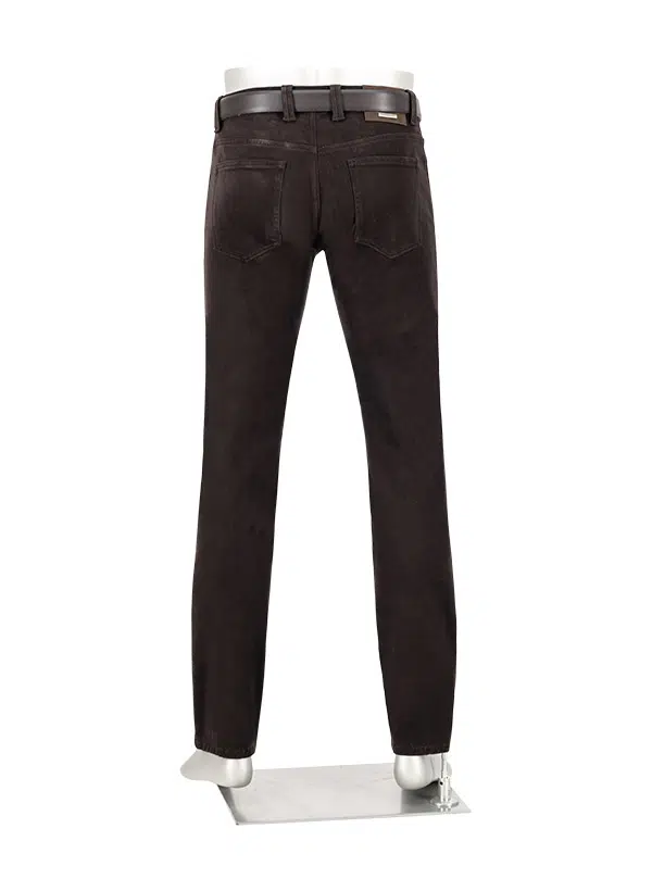 Back view of a pair of Alberto Pipe 1607 Jeans by Alberto, crafted from black stretch cotton and displayed on a mannequin, featuring two back pockets, belt loops, and a visible belt.