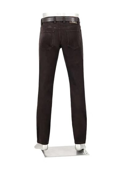 Back view of a pair of Alberto Pipe 1607 Jeans by Alberto, crafted from black stretch cotton and displayed on a mannequin, featuring two back pockets, belt loops, and a visible belt.
