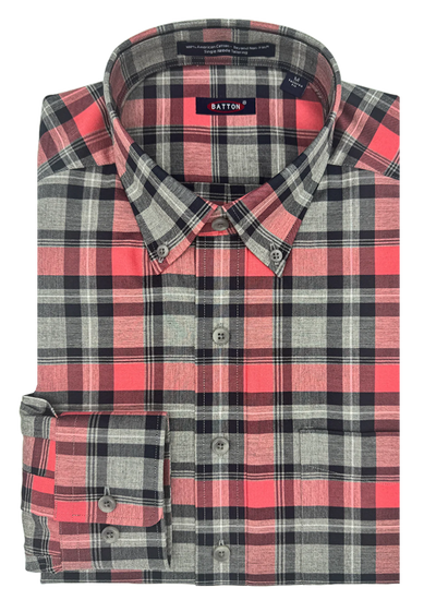 The Batton Ballard Big & Tall Sport Shirt 7201-99 is a folded, long-sleeve button-up with a red, black, and gray plaid pattern. Made from quality American cotton, it offers classic style and comfort under the Batton brand.