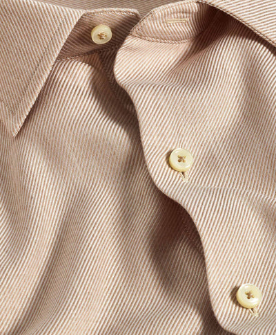 Close-up of the David Donahue Cashmere Blend Shirt CBSM11101, featuring beige and white stripes with a detailed view of the collar and three cream-colored buttons.