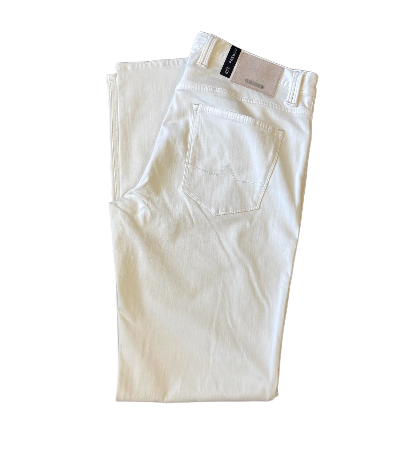 A pair of Alberto Pipe Stretch Denim 1764 white jeans, crafted from premium stretch denim with T-400 elasticity, featuring a visible back pocket and waistband tag, displayed on a white background.