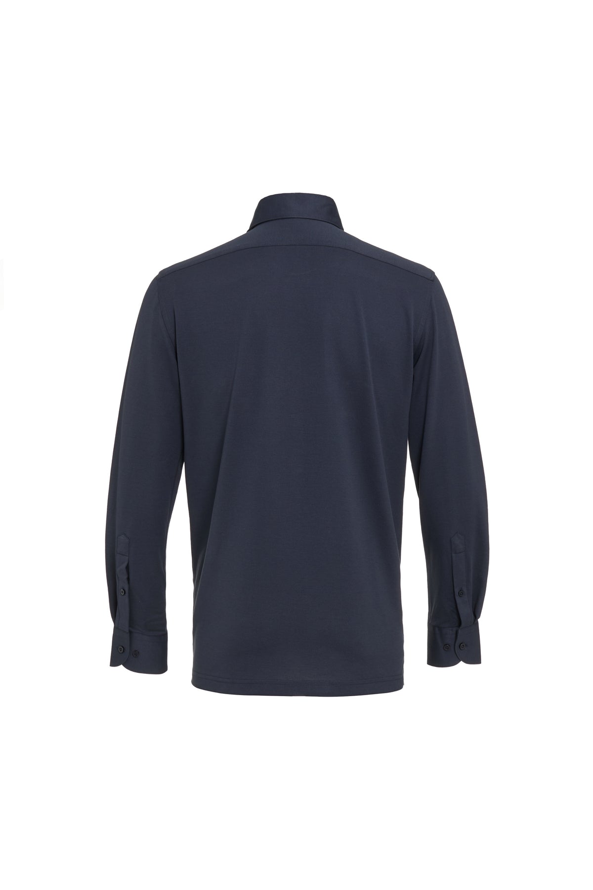 Back view of a navy blue Luchiano Visconti 3 Button Long Sleeve Polo KAROPP54 with buttoned cuffs.