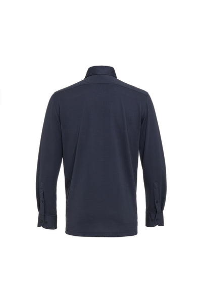Back view of a navy blue Luchiano Visconti 3 Button Long Sleeve Polo KAROPP54 with buttoned cuffs.