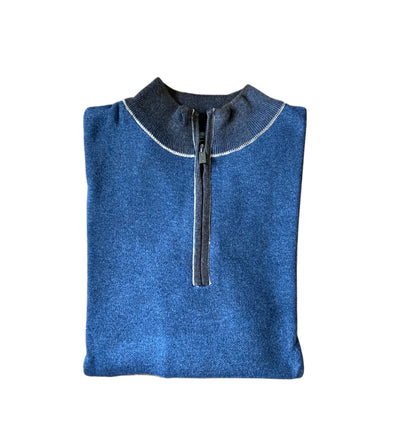 The F/X Fusion 1/4 Zip Sweater 10067 B&T by F/X Fusion is a folded blue men’s quarter-zip sweater with a dark zipper and white collar trim, displayed on a plain white background.