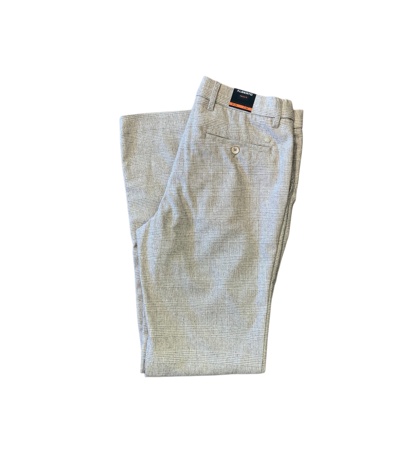 The Alberto Lou Plaid Pant 1457 by Alberto features light grey plaid wool, a regular fit, visible waistband, pockets, and button closure—expertly tailored and folded to highlight its fine Italian fabric.
