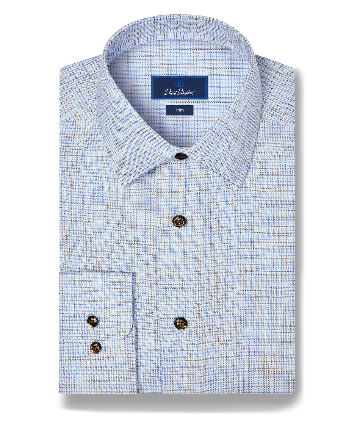 David Donahue Blue & Chocolate Multi Check Dress Shirt TBSP13805, neatly folded with brown buttons and navy label, shown on a white background.