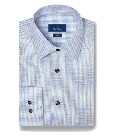 David Donahue Blue & Chocolate Multi Check Dress Shirt TBSP13805, neatly folded with brown buttons and navy label, shown on a white background.