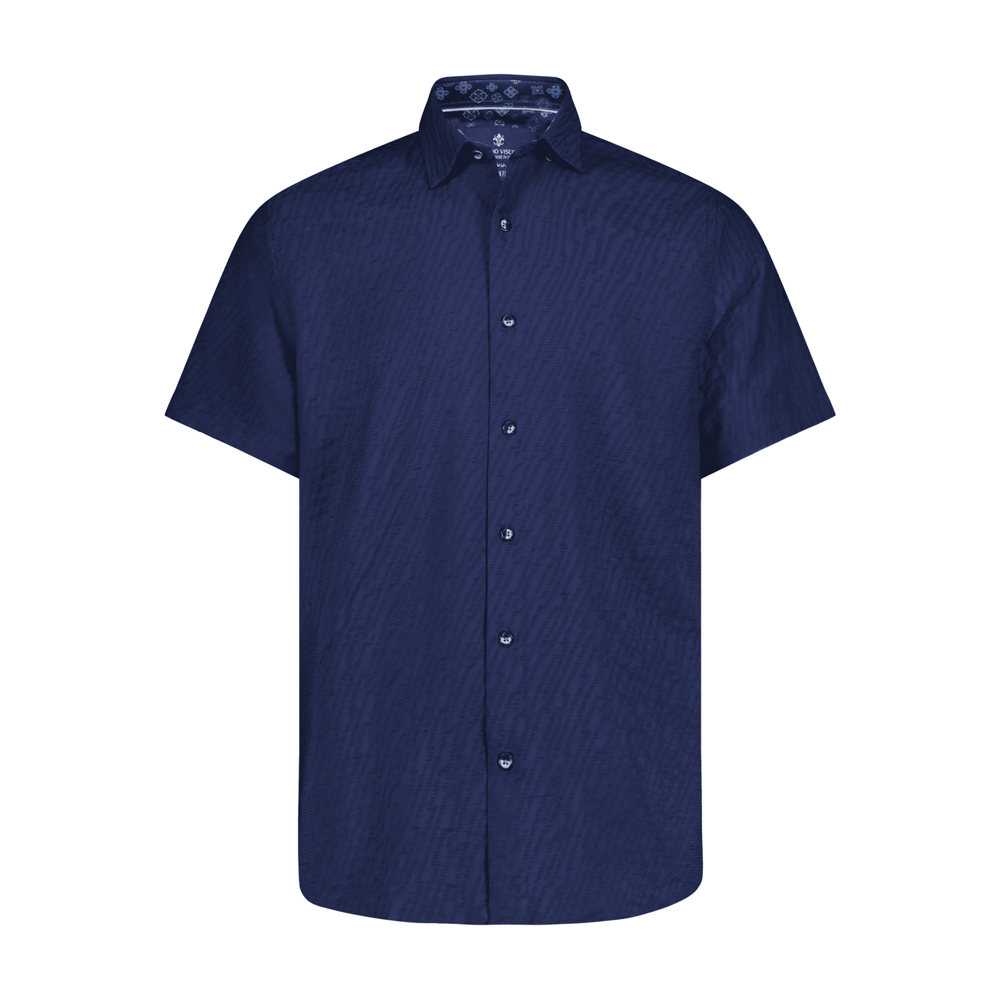 The Luchiano Visconti Big & Tall Sport Shirt features short sleeves, a button-up front, and a subtle textured pattern, crafted from fine Italian fabrics and shown on a plain white background.