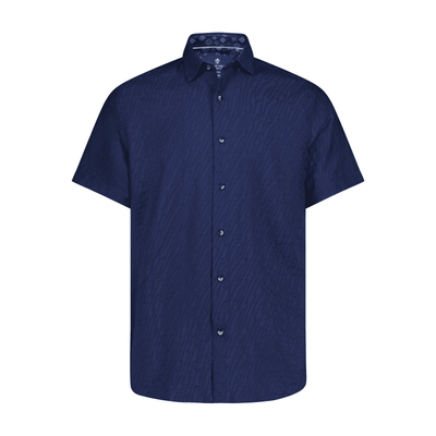 The Luchiano Visconti Big & Tall Sport Shirt features short sleeves, a button-up front, and a subtle textured pattern, crafted from fine Italian fabrics and shown on a plain white background.