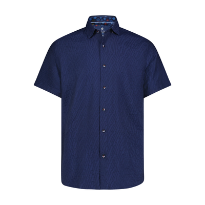 The Luchiano Visconti Big & Tall Sport Shirt features short sleeves, a button-up front, and a subtle textured navy blue design, crafted from fine Italian fabrics and pictured on a plain white background.