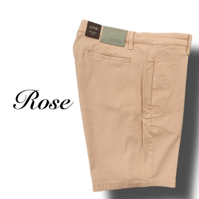The 34 Heritage Nevada Soft Touch Shorts in light pink feature a comfort rise, back pockets, and waistband labels. Made from Soft Touch fabric by 34 Heritage, they're shown on a white background with "Rose" written to the left.