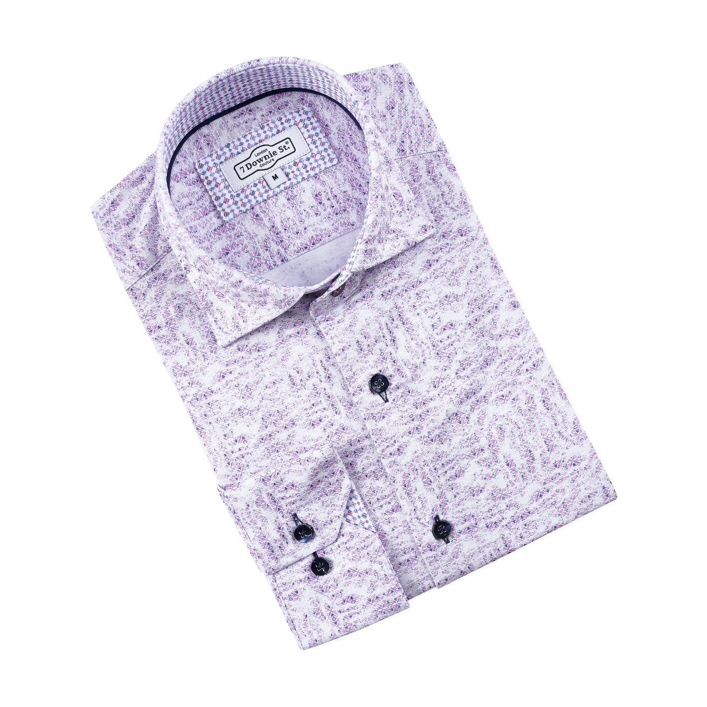 A folded 7 Downie St Amore SW Sport Shirt Big & Tall by 7 Downie St, featuring a light purple and white abstract pattern with buttoned sleeves and front, displayed on a white background.