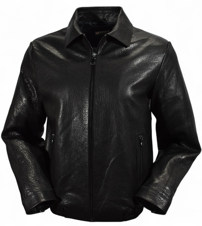 The Marcello Redondo Leather Jacket J-233 by Marcello is crafted from black nappa leather with a front zipper, side pockets, a classic collar, and a subtle laser-cut geometric pattern, shown against a white background.