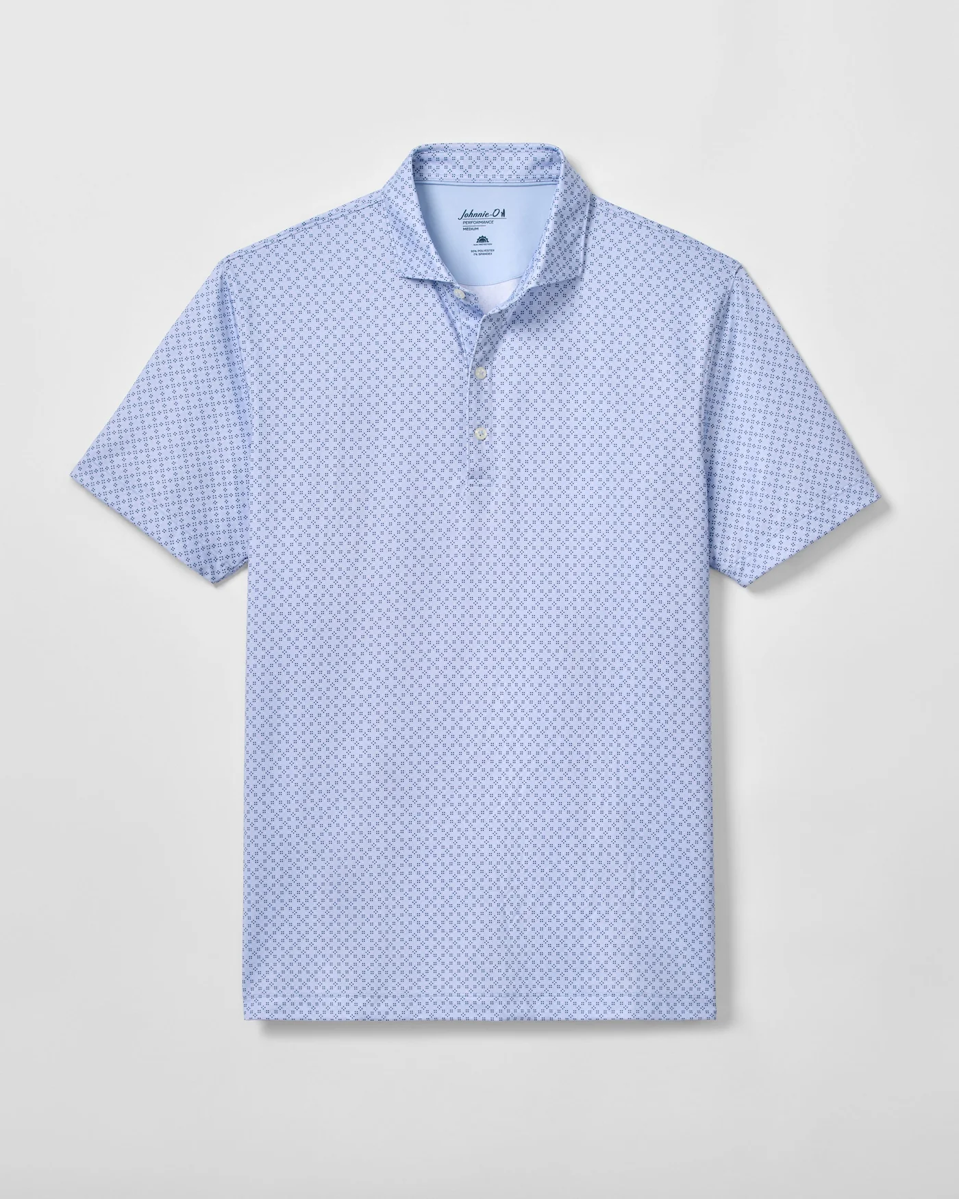 The Johnnie-O Torres Performance Big & Tall Polo by Johnnie-O features a light blue short-sleeve design, subtle geometric pattern, button placket, classic collar, and moisture-wicking fabric, shown laid flat on a white background.