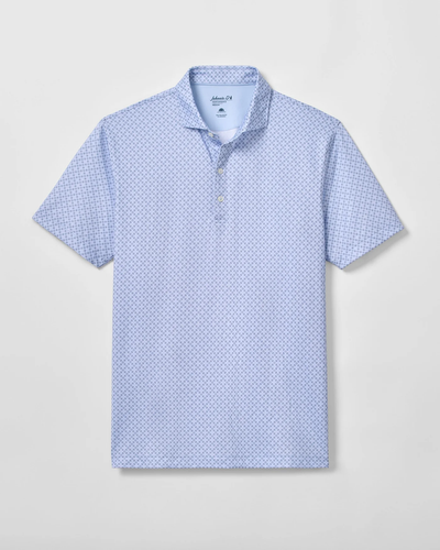 The Johnnie-O Torres Performance Big & Tall Polo by Johnnie-O features a light blue short-sleeve design, subtle geometric pattern, button placket, classic collar, and moisture-wicking fabric, shown laid flat on a white background.