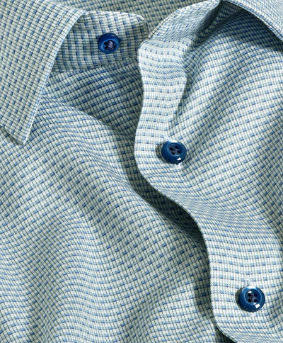 Close-up of a David Donahue Stripe Chk Shirt TBSP11002 featuring a light blue and white check pattern, blue buttons, visible collar, and button placket.
