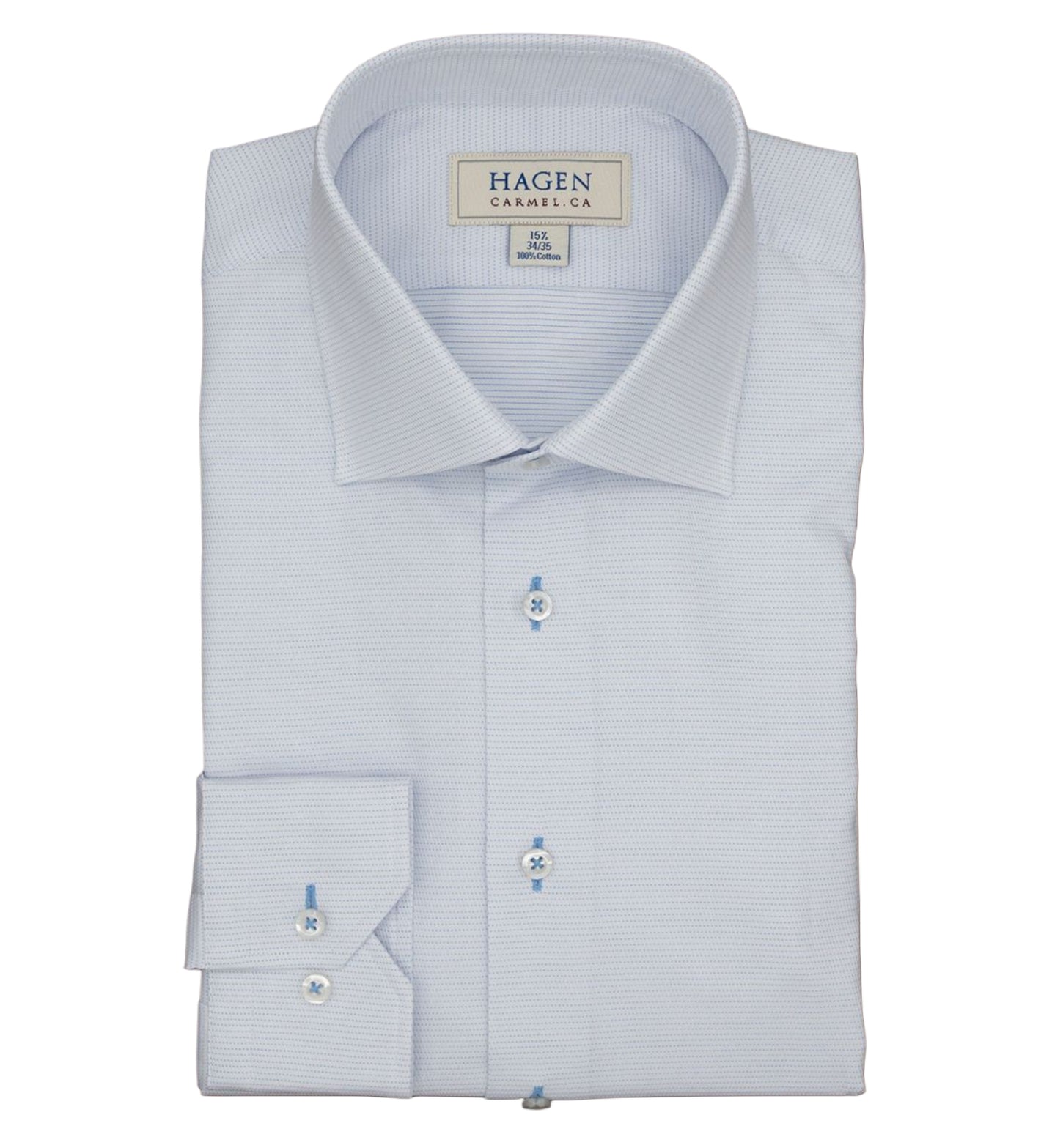 A neatly folded Hagen Micro Dot Shirt MB7940100 in light blue, featuring a dot jacquard pattern, spread collar, button cuffs, and an interior Hagen label; crafted from 100% cotton for a modern fit in menswear.