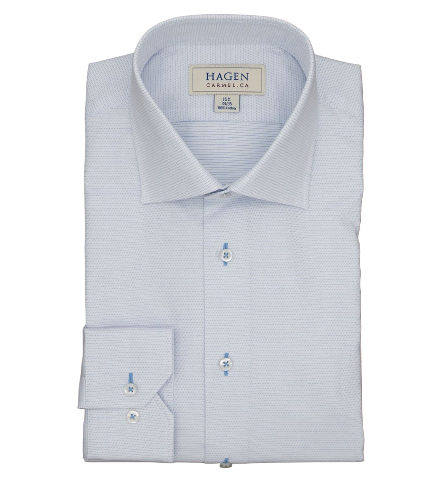 A neatly folded Hagen Micro Dot Shirt MB7940100 in light blue, featuring a dot jacquard pattern, spread collar, button cuffs, and an interior Hagen label; crafted from 100% cotton for a modern fit in menswear.