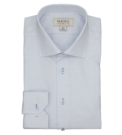 A neatly folded Hagen Micro Dot Shirt MB7940100 in light blue, featuring a dot jacquard pattern, spread collar, button cuffs, and an interior Hagen label; crafted from 100% cotton for a modern fit in menswear.