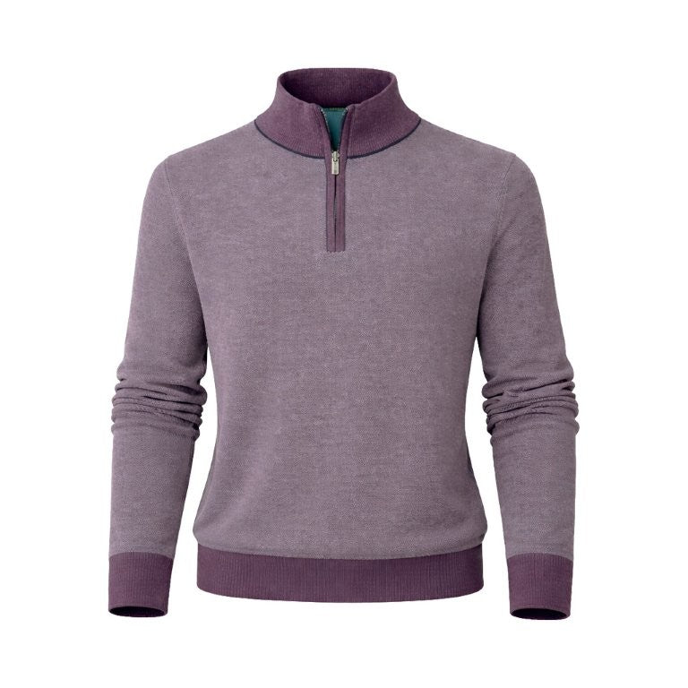 The F/X Fusion 1/4 Zip Big & Tall Sweater 10067 by F/X Fusion is a lavender long-sleeve sweater with a ribbed collar, cuffs, and hem, displayed on a plain white background.