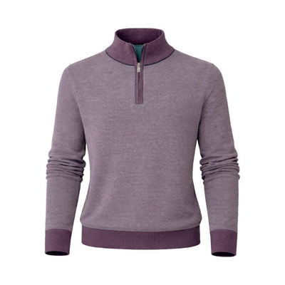 The F/X Fusion 1/4 Zip Big & Tall Sweater 10067 by F/X Fusion is a lavender long-sleeve sweater with a ribbed collar, cuffs, and hem, displayed on a plain white background.