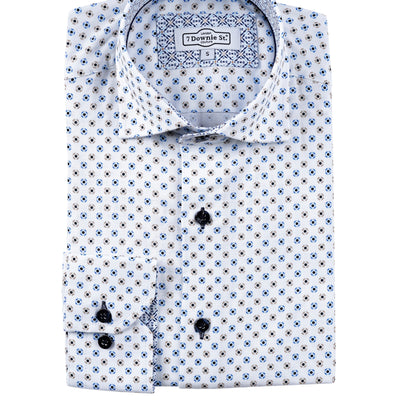 The 7 Downie St Big & Tall Sport Shirt LS 580 features a white cotton-elastane fabric with a blue and black floral print, dark buttons, and the signature 7 Downie St label for a polished fit.