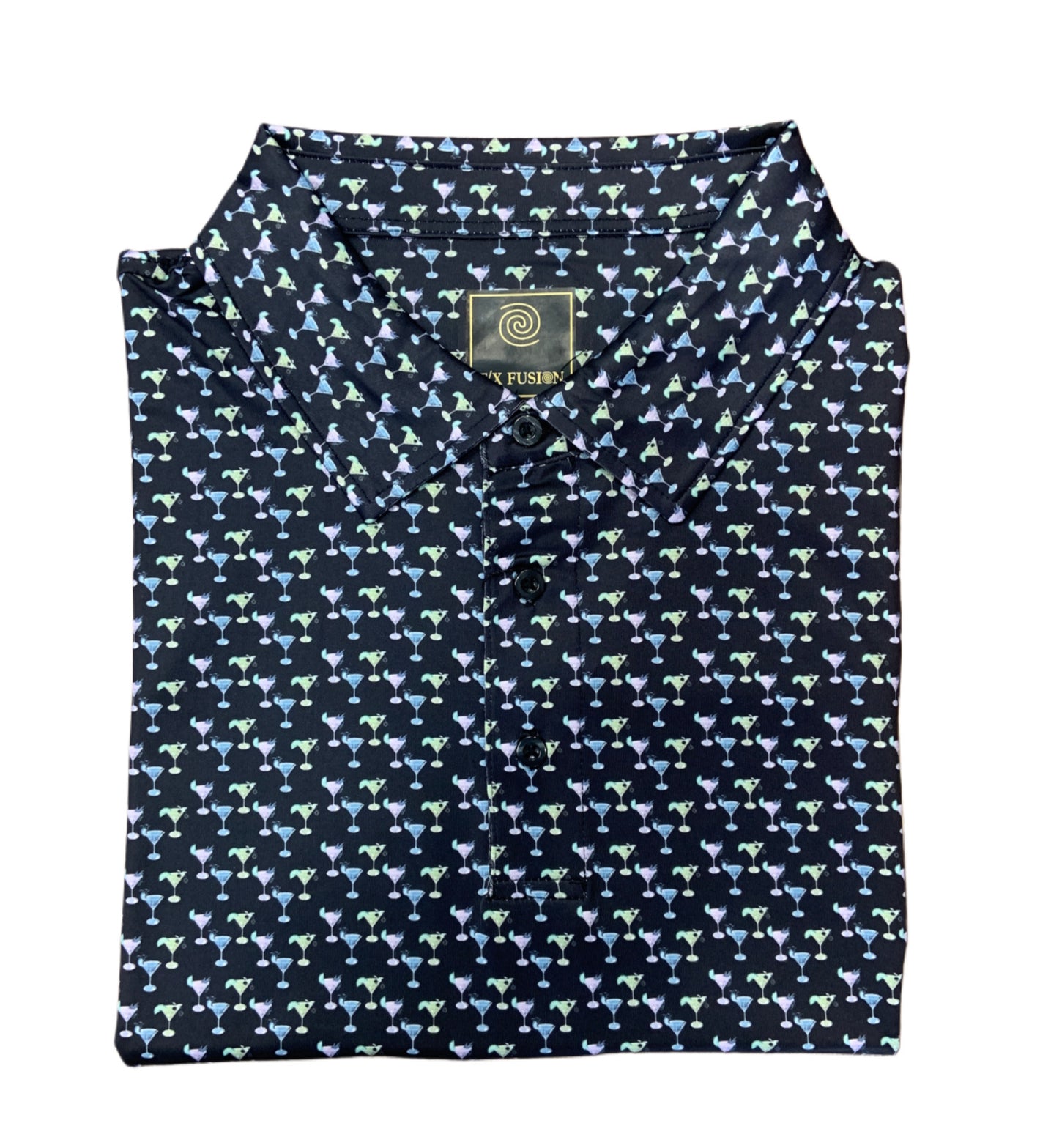 The F/X Fusion Big & Tall Men's Polo Martini 2318 features a black, breathable design with a repeating multicolored martini glass pattern, combining comfort and style from F/X Fusion.