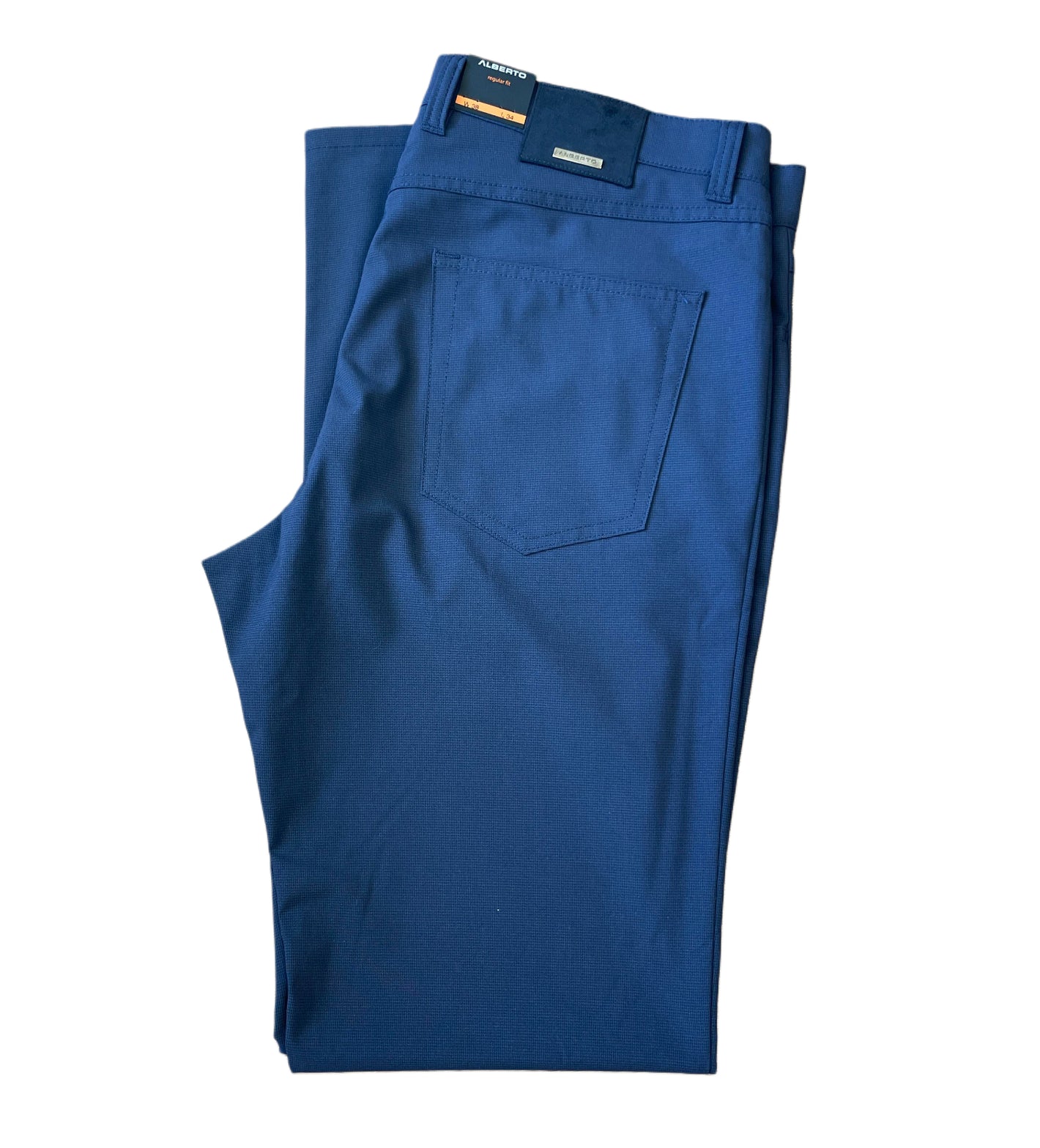 A pair of folded blue Alberto Ceramica Pipe 1351 pants by Alberto, featuring a visible back pocket, waistband tags, and crafted from comfortable stretch fabric.