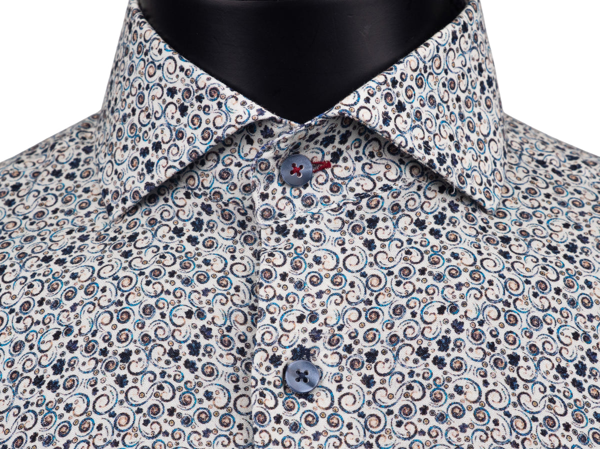 Close-up of a 7 Downie St. Multicolored Abstract Sport Shirt Big & Tall 26113 button-down featuring a multicolored abstract spiral and red medallion pattern on a light background.