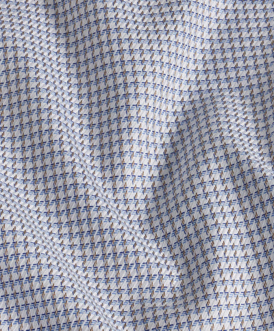 Close-up of the David Donahue Chk TBSP10809464 dress shirt fabric by David Donahue, featuring small blue, white, and gold geometric patterns with visible folds and texture.