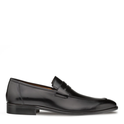 A black Mezlan Calfskin Penny Loafer E20243 shoe by Mezlan, featuring a low heel and side view, handcrafted from luxurious calfskin leather and shown isolated on a white background.